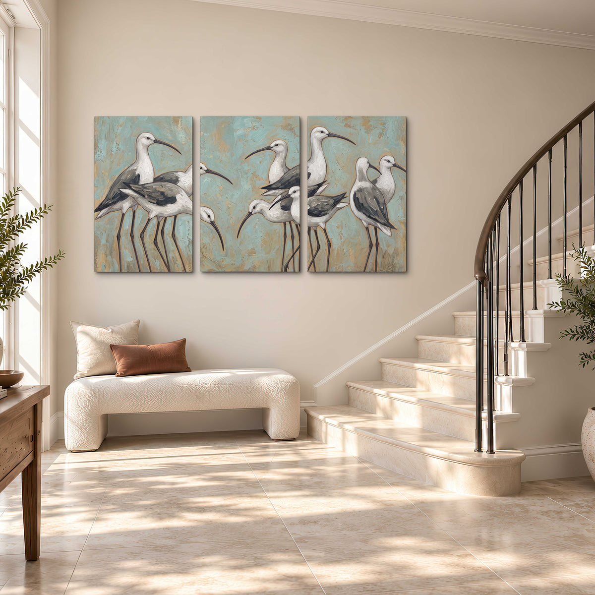 Long-legged white and gray wading birds against a muted aqua background 3 piece canvas wall art styled in an interior