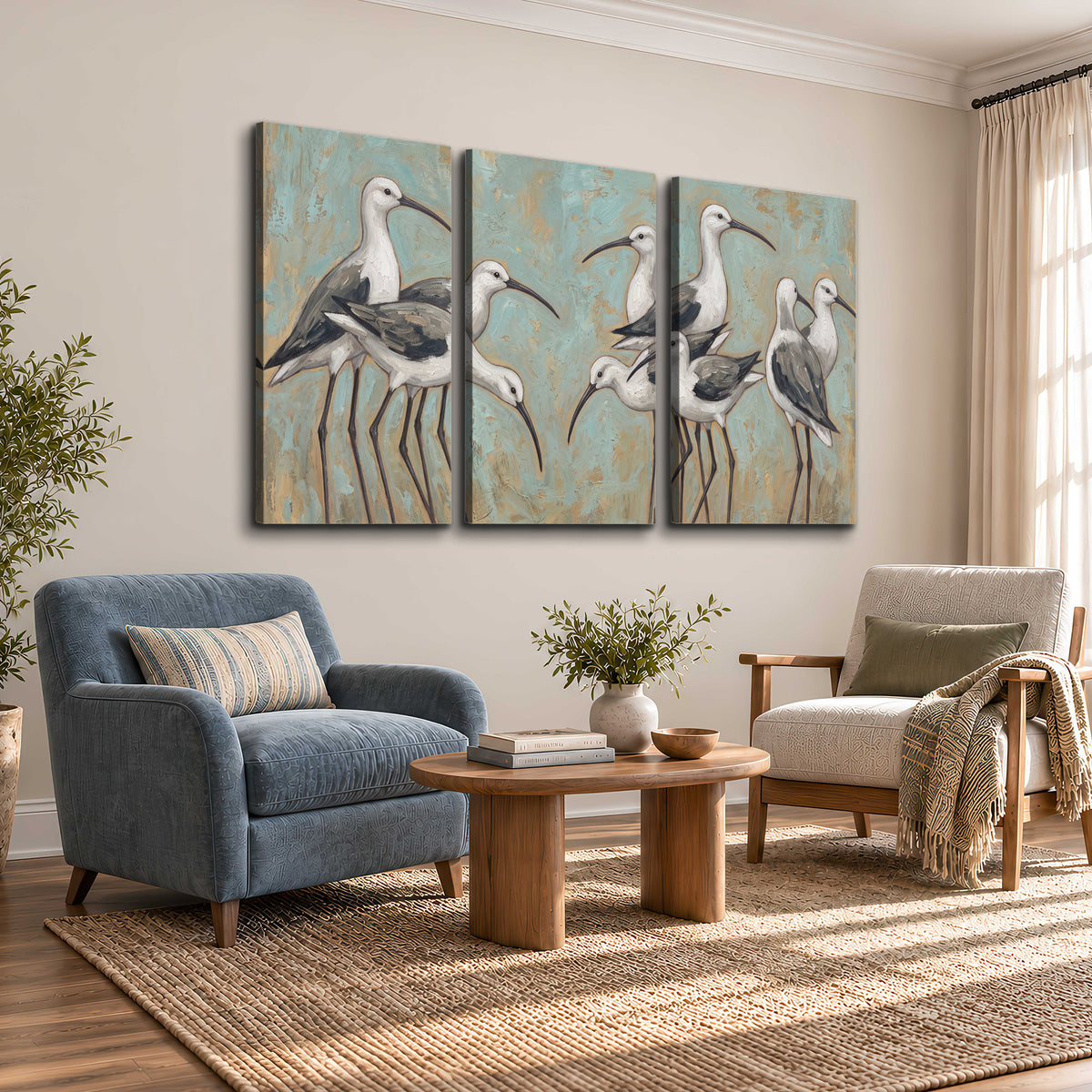 Long-legged white and gray wading birds against a muted aqua background 3 piece canvas wall art styled in an interior