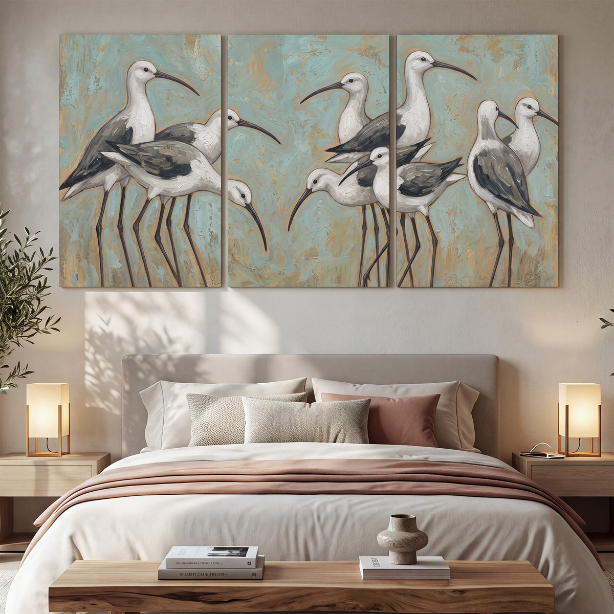 Long-legged white and gray wading birds against a muted aqua background 3 piece canvas wall art displayed in a bedroom