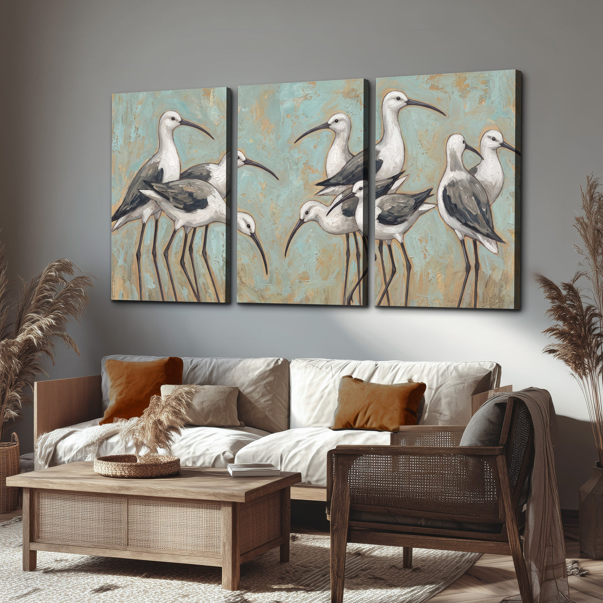 Long-legged white and gray wading birds against a muted aqua background 3 piece canvas wall art displayed in a rustic living room