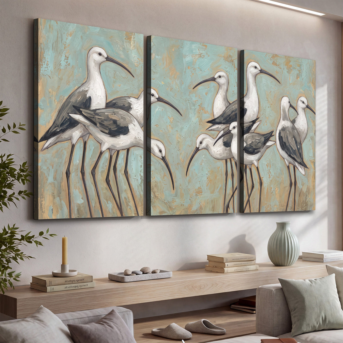 Long-legged white and gray wading birds against a muted aqua background 3 piece canvas wall art displayed in a console