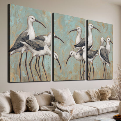 Long-legged white and gray wading birds against a muted aqua background 3 piece canvas wall art room and product view