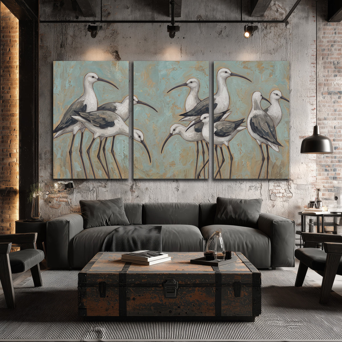 Long-legged white and gray wading birds against a muted aqua background 3 piece canvas wall art displayed in a industrial room
