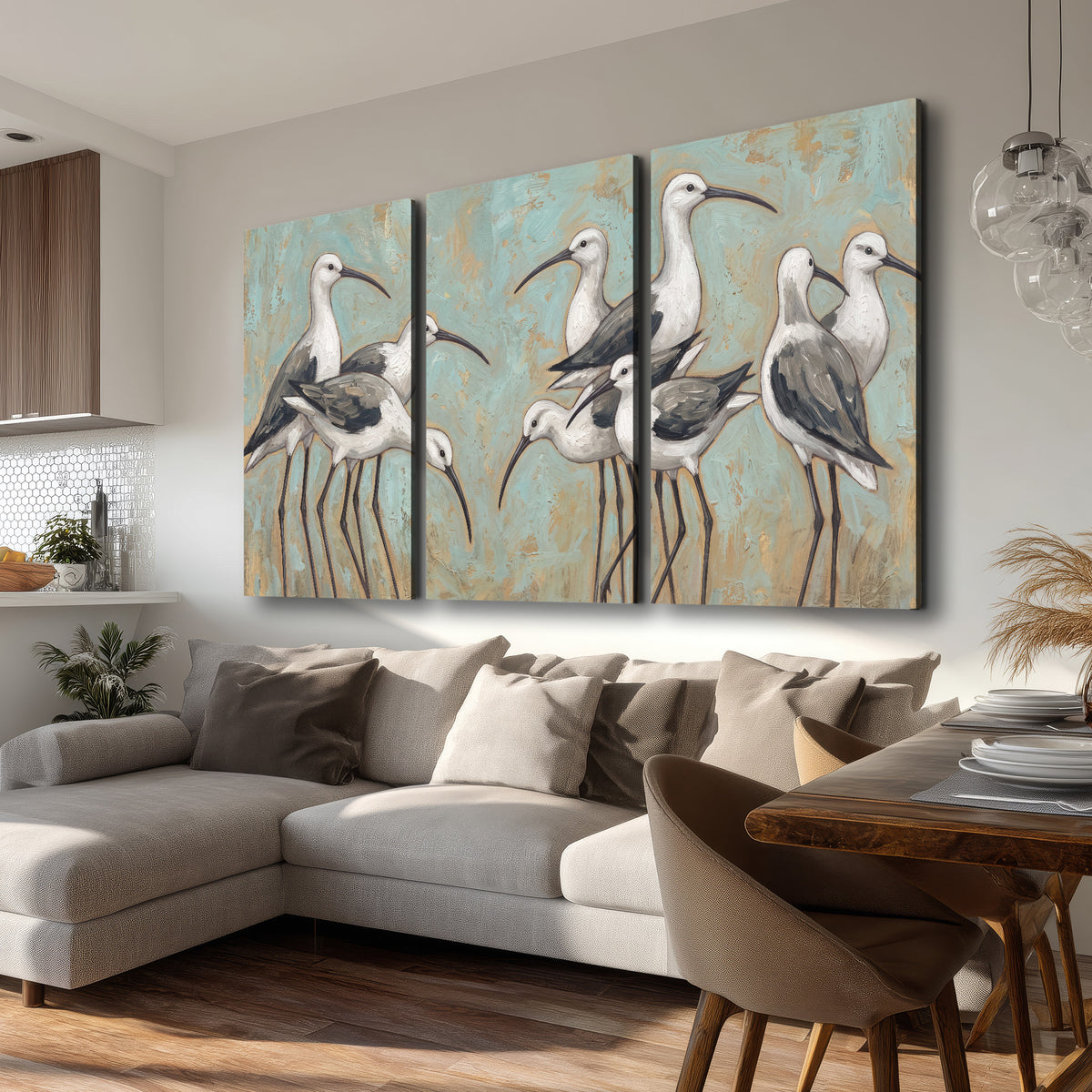 Long-legged white and gray wading birds against a muted aqua background 3 piece canvas wall art room and product view