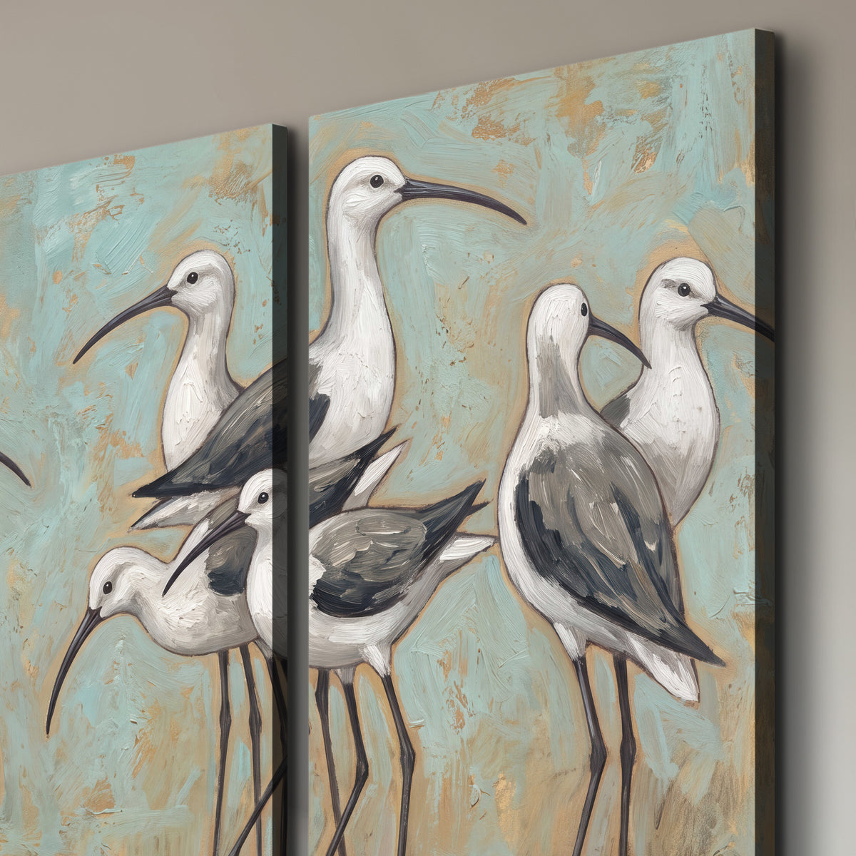Long-legged white and gray wading birds against a muted aqua background 3 piece canvas wall art room and product view