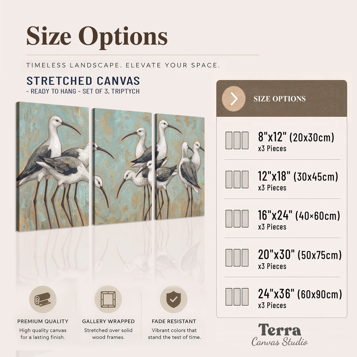 Long-legged white and gray wading birds against a muted aqua background 3 piece canvas wall art available dimensions; triptych dimensions are per panel