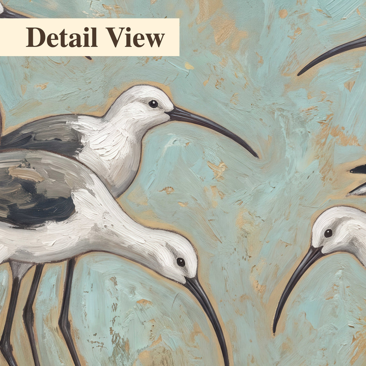 Long-legged white and gray wading birds against a muted aqua background 3 piece canvas wall art artwork detail close up