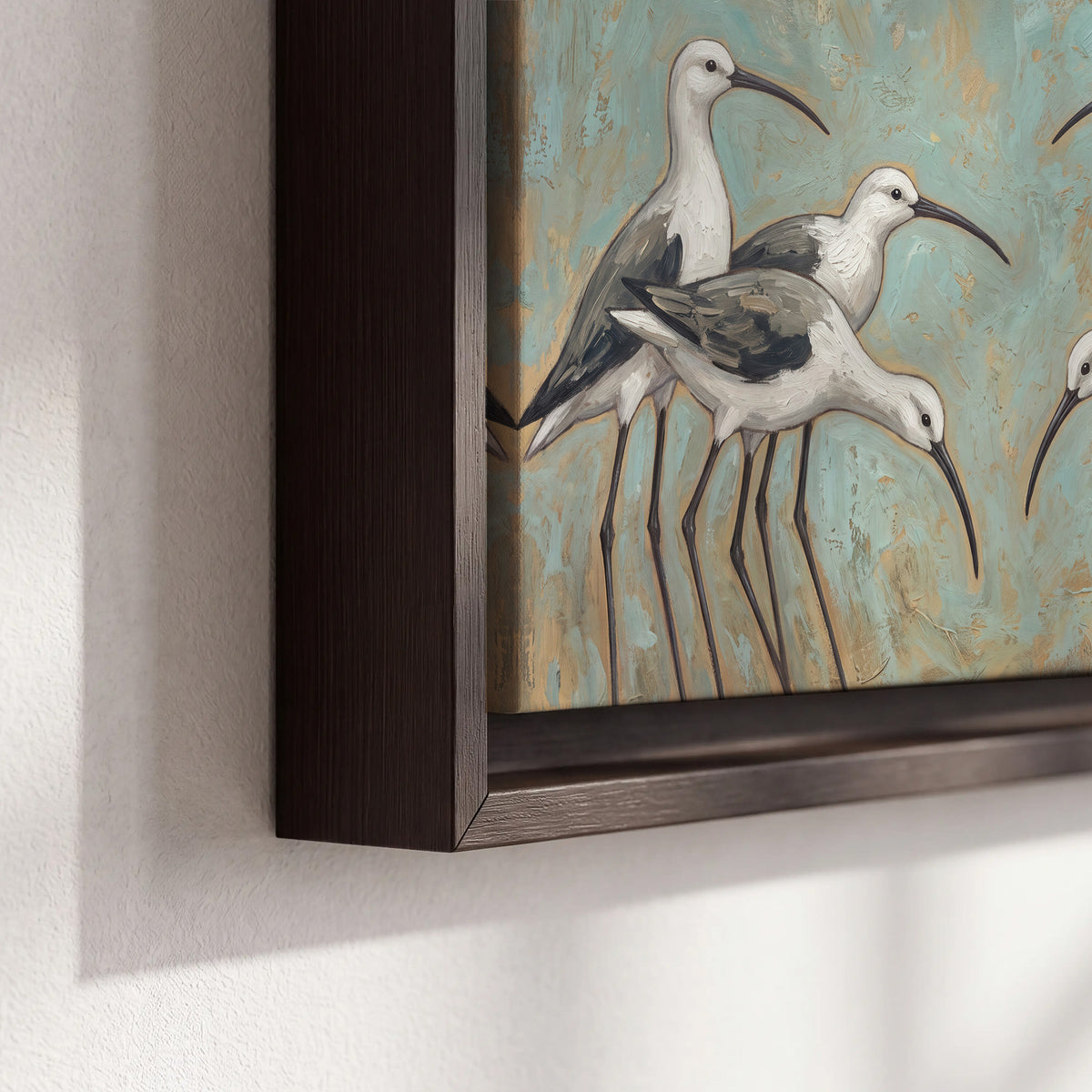 Long-legged white and gray wading birds against a muted aqua background 3 piece framed canvas wall art material and edge close up