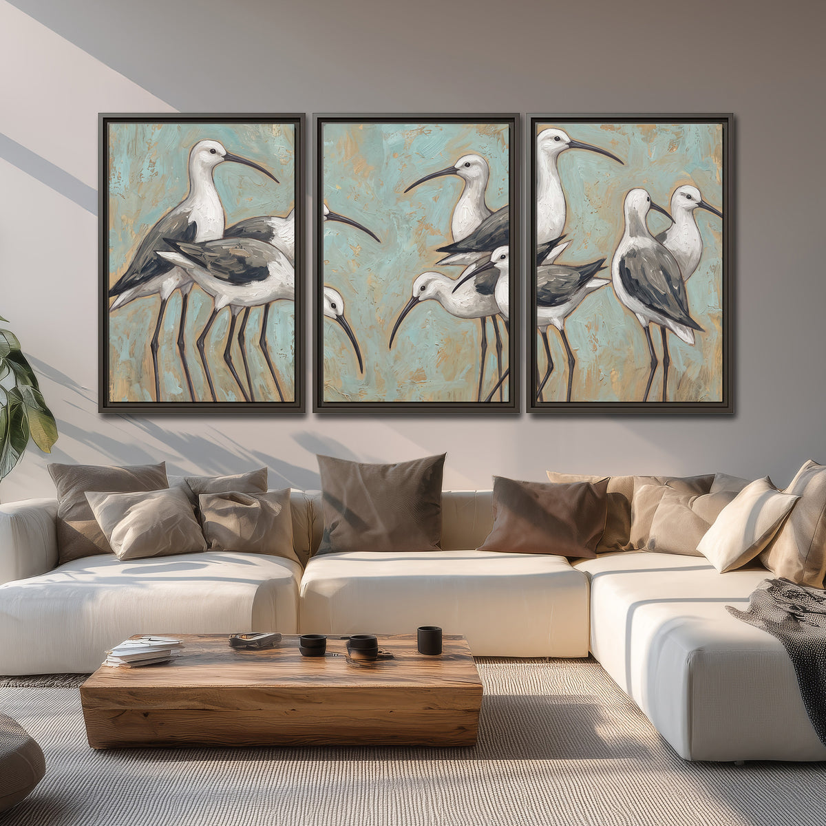 Long-legged white and gray wading birds against a muted aqua background 3 piece framed canvas wall art displayed in a living room
