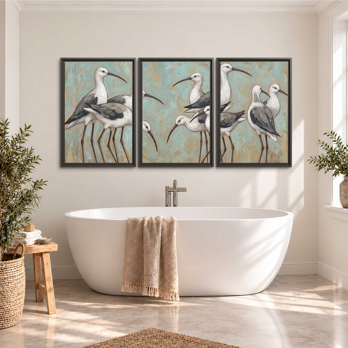 Long-legged white and gray wading birds against a muted aqua background 3 piece framed canvas wall art styled in an interior