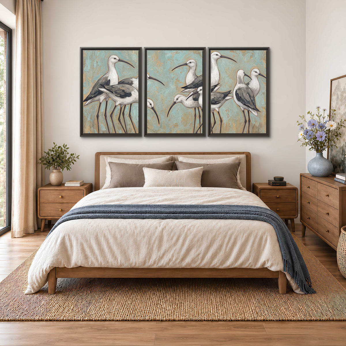 Long-legged white and gray wading birds against a muted aqua background 3 piece framed canvas wall art styled in an interior