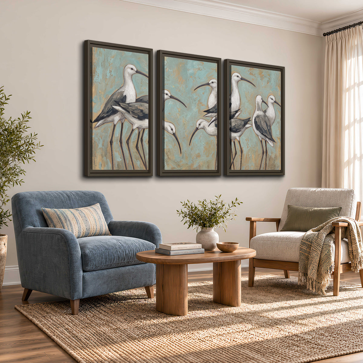 Long-legged white and gray wading birds against a muted aqua background 3 piece framed canvas wall art styled in an interior