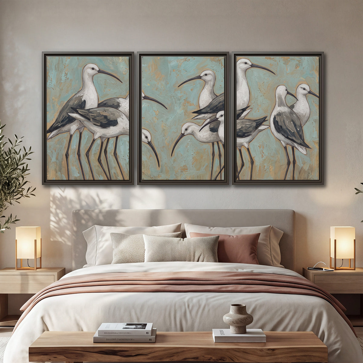Long-legged white and gray wading birds against a muted aqua background 3 piece framed canvas wall art displayed in a bedroom