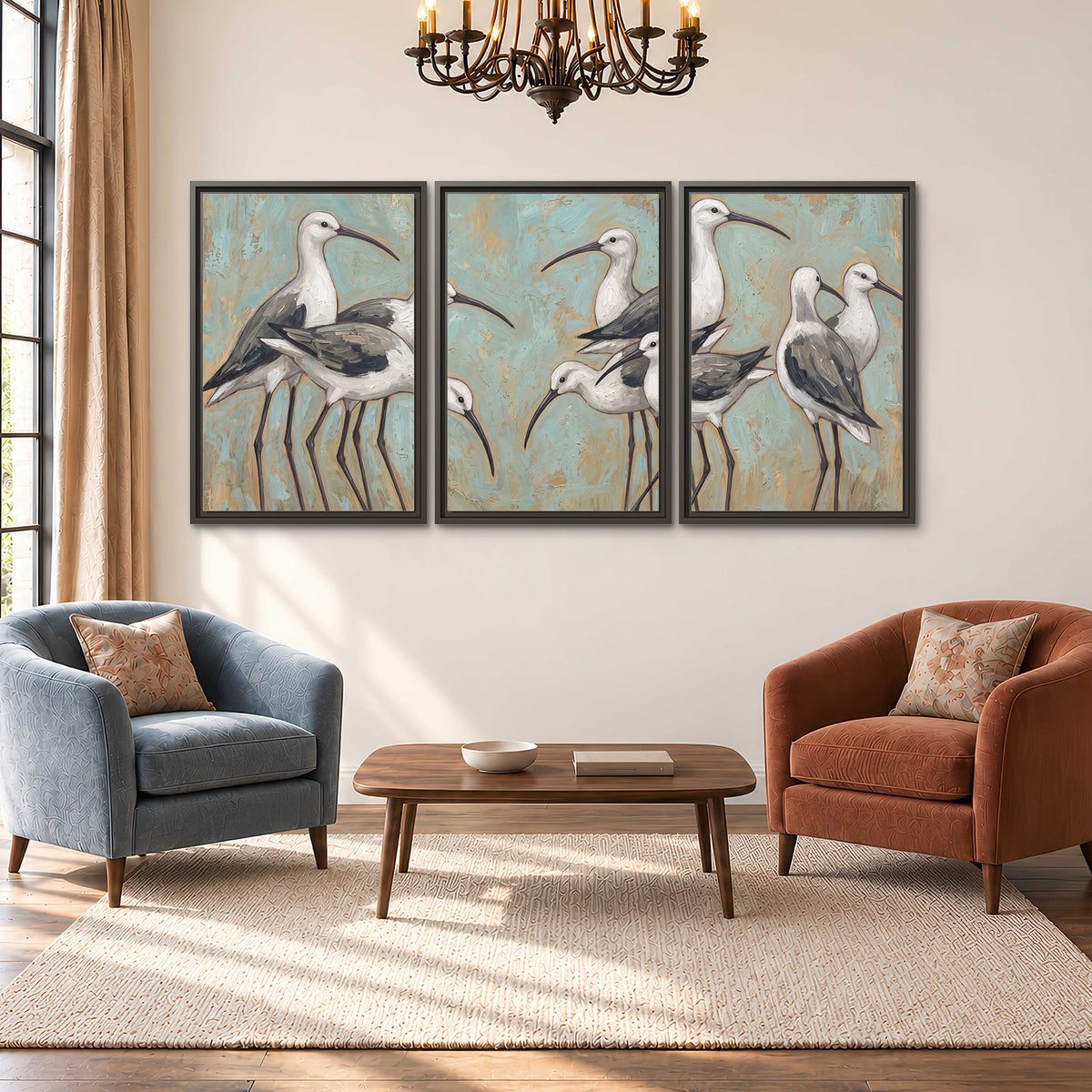 Long-legged white and gray wading birds against a muted aqua background 3 piece framed canvas wall art styled in an interior