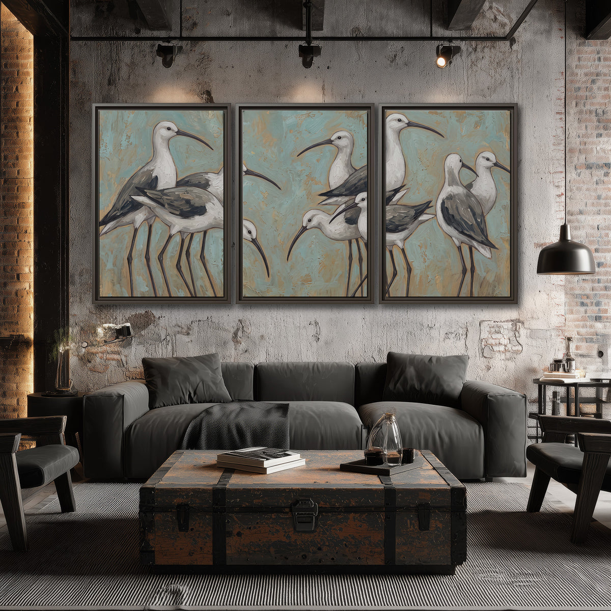 Long-legged white and gray wading birds against a muted aqua background 3 piece framed canvas wall art displayed in a industrial room