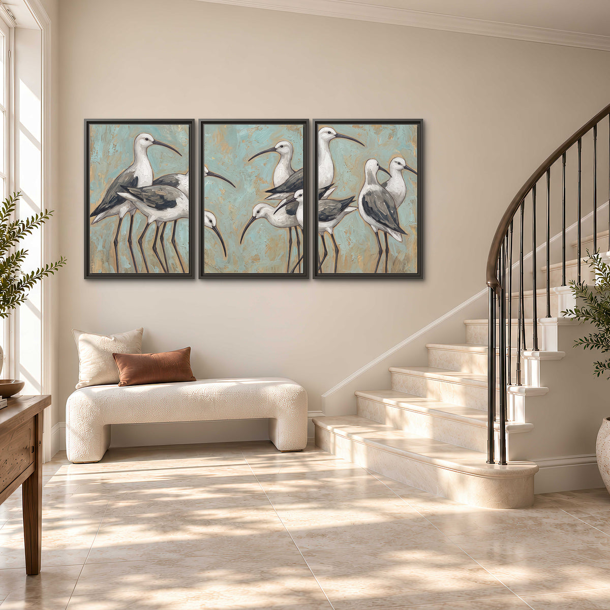 Long-legged white and gray wading birds against a muted aqua background 3 piece framed canvas wall art styled in an interior
