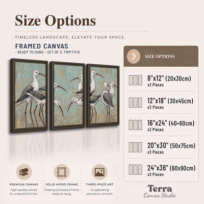 Long-legged white and gray wading birds against a muted aqua background 3 piece framed canvas wall art available dimensions; triptych dimensions are per panel