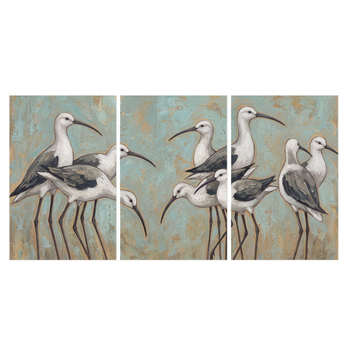 Long-legged white and gray wading birds against a muted aqua background set of 3 poster prints viewed straight on