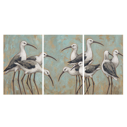 Long-legged white and gray wading birds against a muted aqua background set of 3 poster prints viewed straight on