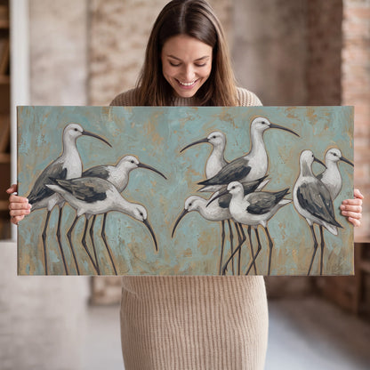 Long-legged white and gray wading birds against a muted aqua background single canvas wall art held in hands