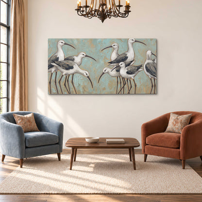 Long-legged white and gray wading birds against a muted aqua background single canvas wall art styled in an interior