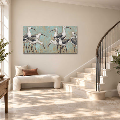 Long-legged white and gray wading birds against a muted aqua background single canvas wall art styled in an interior