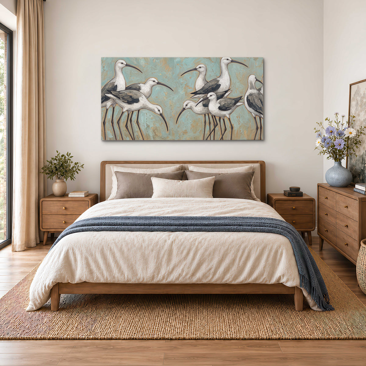 Long-legged white and gray wading birds against a muted aqua background single canvas wall art styled in an interior
