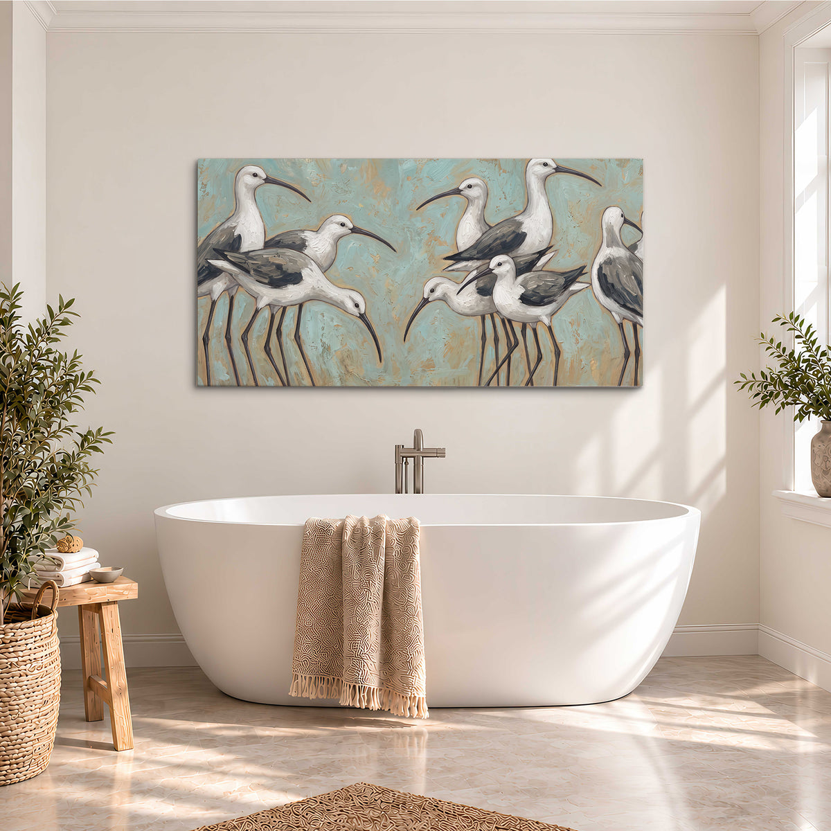 Long-legged white and gray wading birds against a muted aqua background single canvas wall art styled in an interior