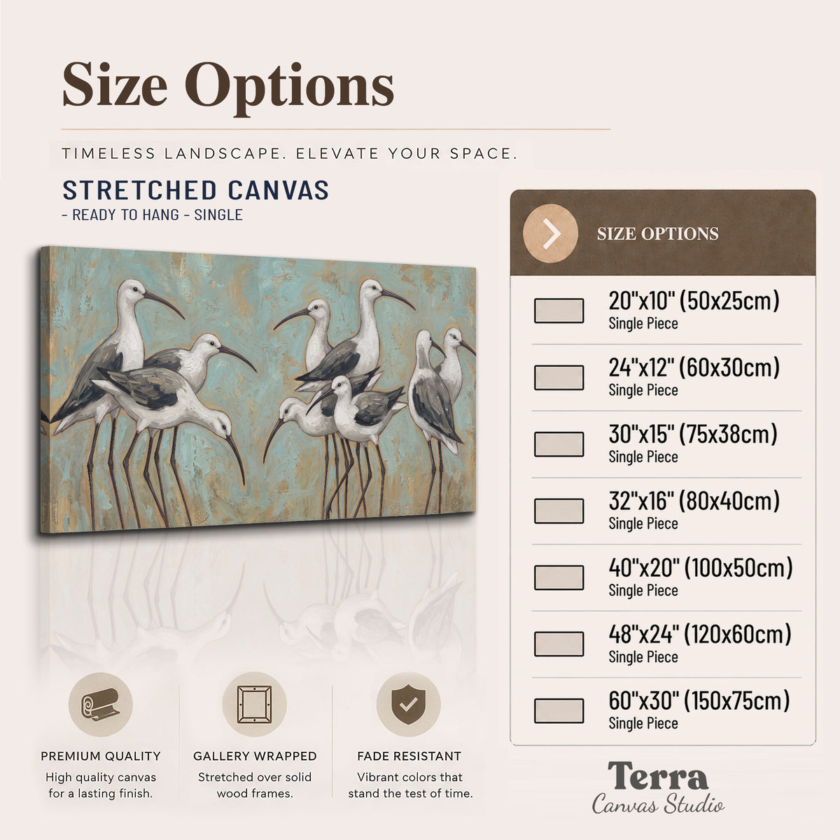 Long-legged white and gray wading birds against a muted aqua background single canvas wall art available dimensions