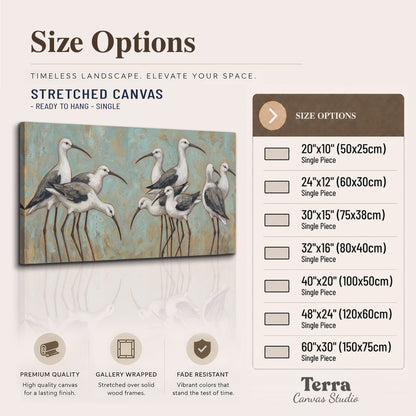 Long-legged white and gray wading birds against a muted aqua background single canvas wall art available dimensions