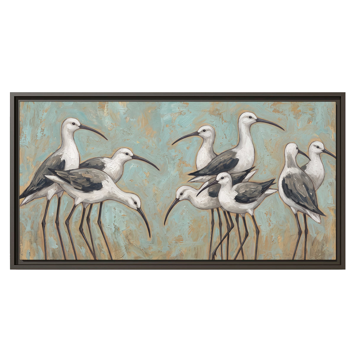 Long-legged white and gray wading birds against a muted aqua background single framed canvas wall art viewed straight on