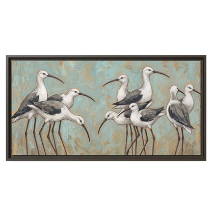 Long-legged white and gray wading birds against a muted aqua background single framed canvas wall art viewed straight on