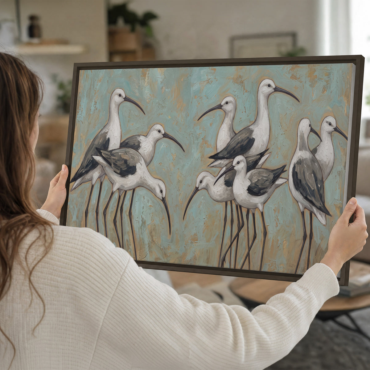 Long-legged white and gray wading birds against a muted aqua background single framed canvas wall art held in hands