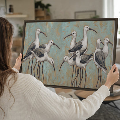 Long-legged white and gray wading birds against a muted aqua background single framed canvas wall art held in hands