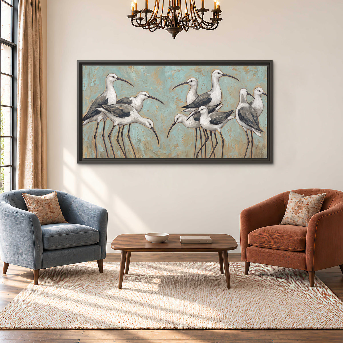 Long-legged white and gray wading birds against a muted aqua background single framed canvas wall art styled in an interior