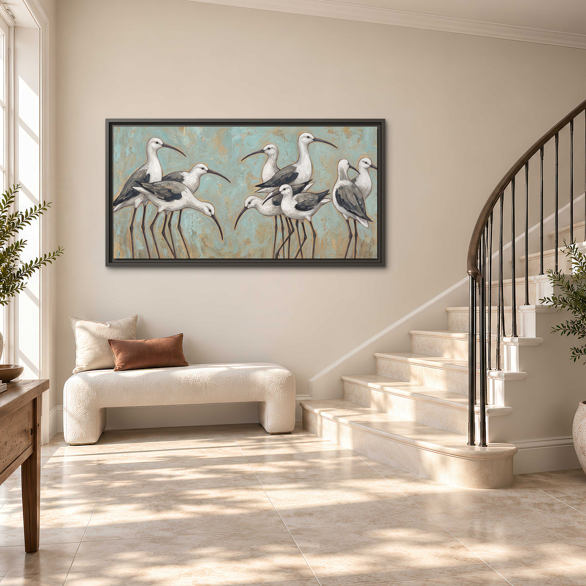 Long-legged white and gray wading birds against a muted aqua background single framed canvas wall art styled in an interior