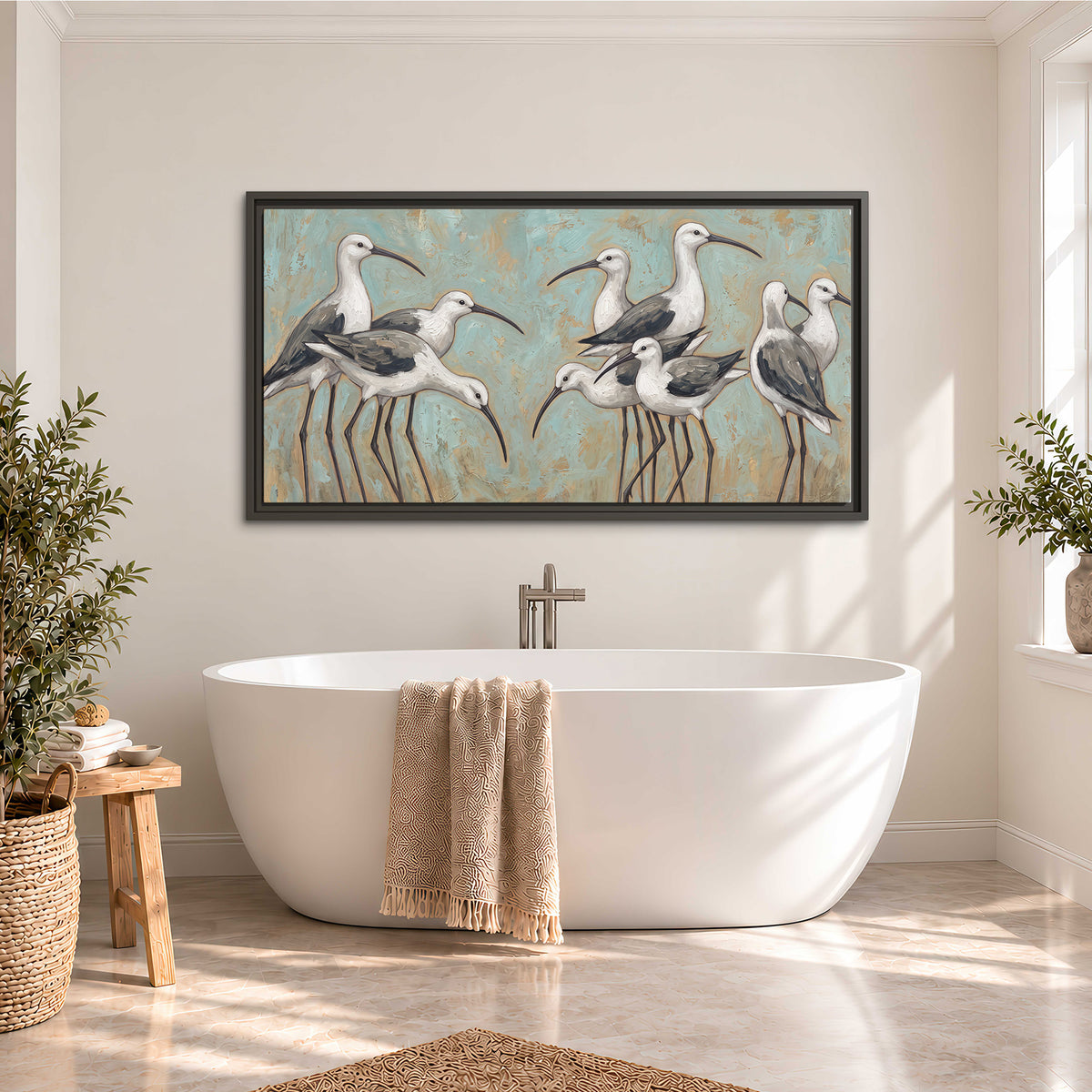 Long-legged white and gray wading birds against a muted aqua background single framed canvas wall art styled in an interior