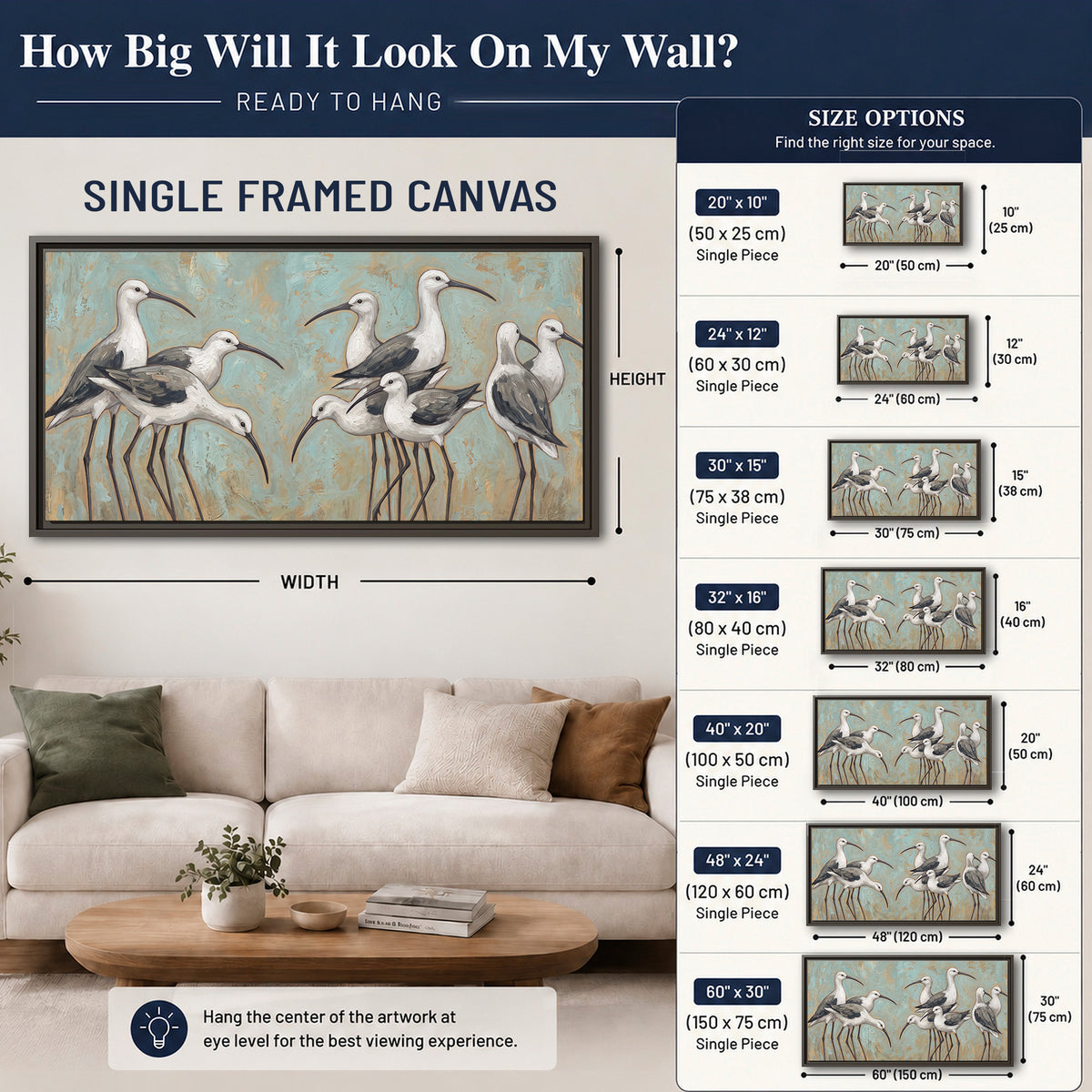 Long-legged white and gray wading birds against a muted aqua background single framed canvas wall art size guide above a sofa; room view is illustrative