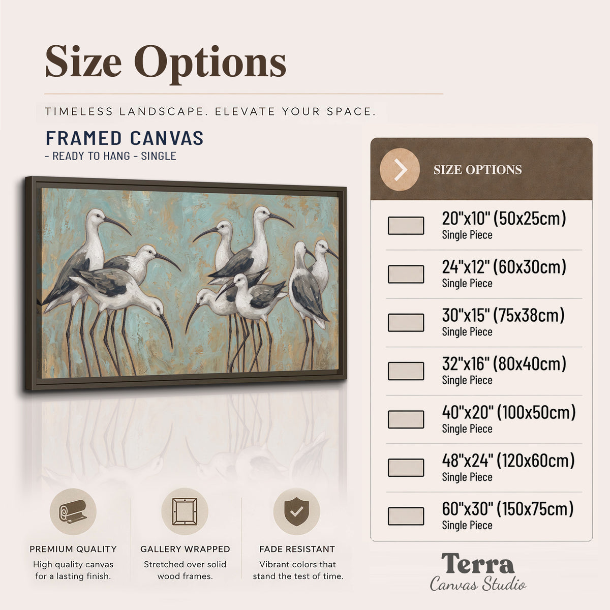 Long-legged white and gray wading birds against a muted aqua background single framed canvas wall art available dimensions