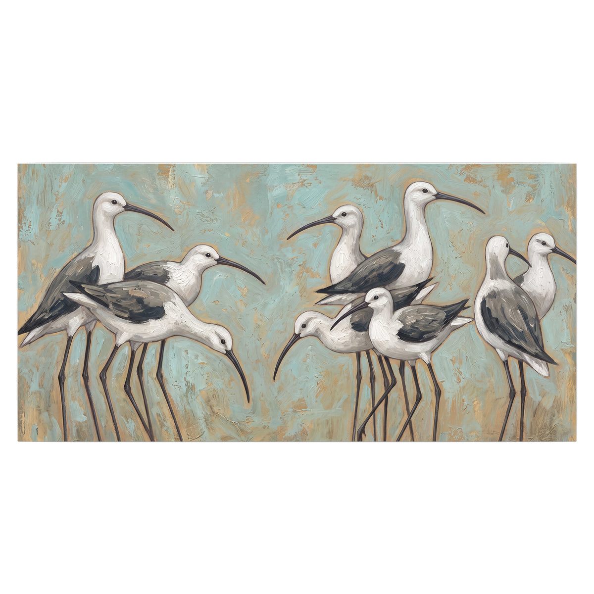 Long-legged white and gray wading birds against a muted aqua background single poster print viewed straight on