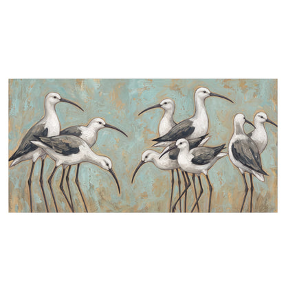 Long-legged white and gray wading birds against a muted aqua background single poster print viewed straight on