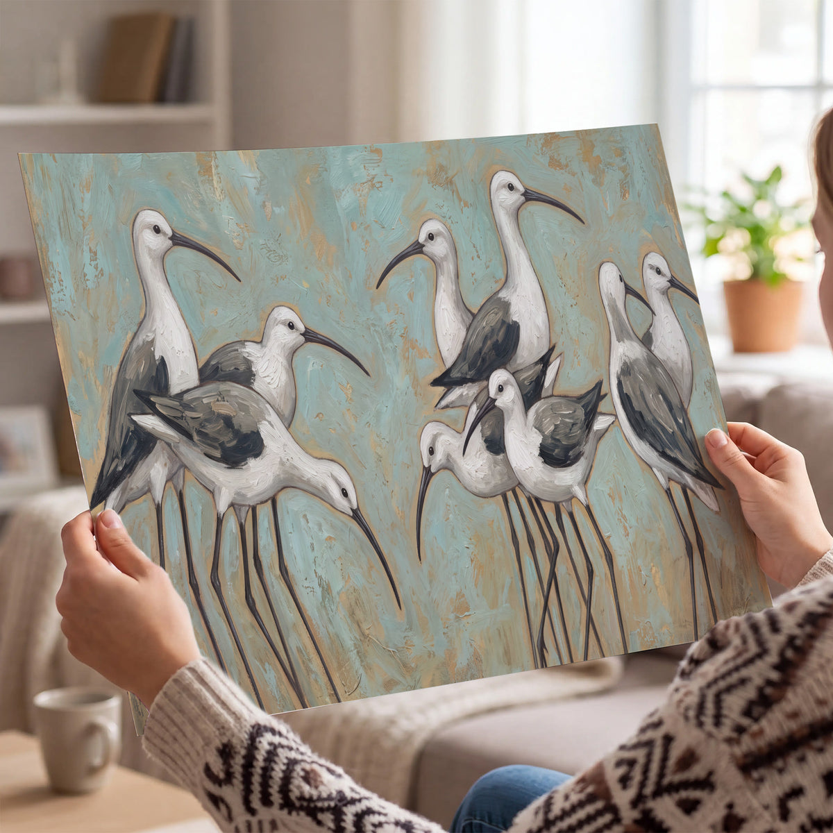 Long-legged white and gray wading birds against a muted aqua background single poster print held in hands