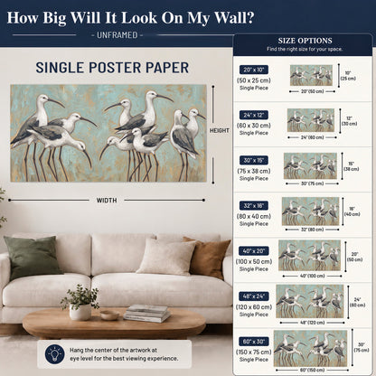 Long-legged white and gray wading birds against a muted aqua background single poster print size guide above a sofa; room view is illustrative