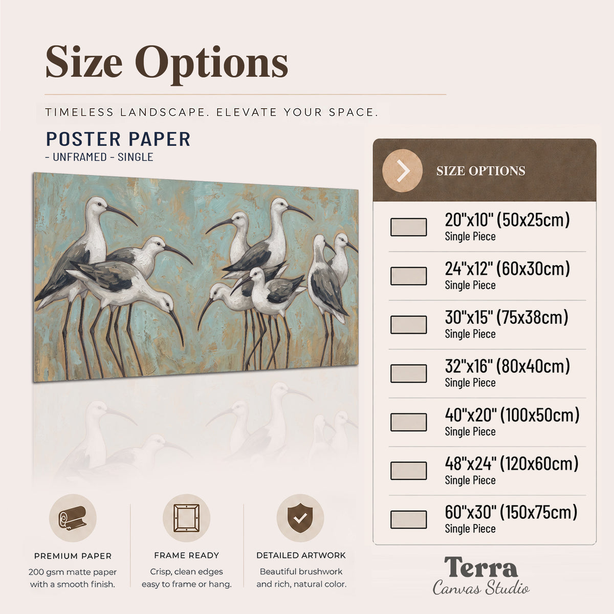 Long-legged white and gray wading birds against a muted aqua background single poster print available dimensions