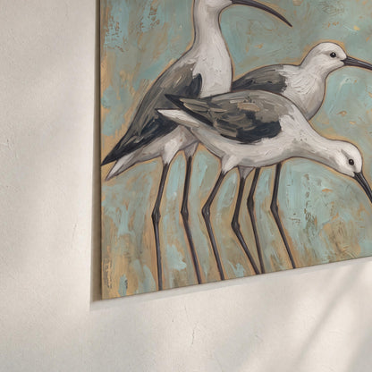 Long-legged white and gray wading birds against a muted aqua background set of 3 poster prints material and edge close up