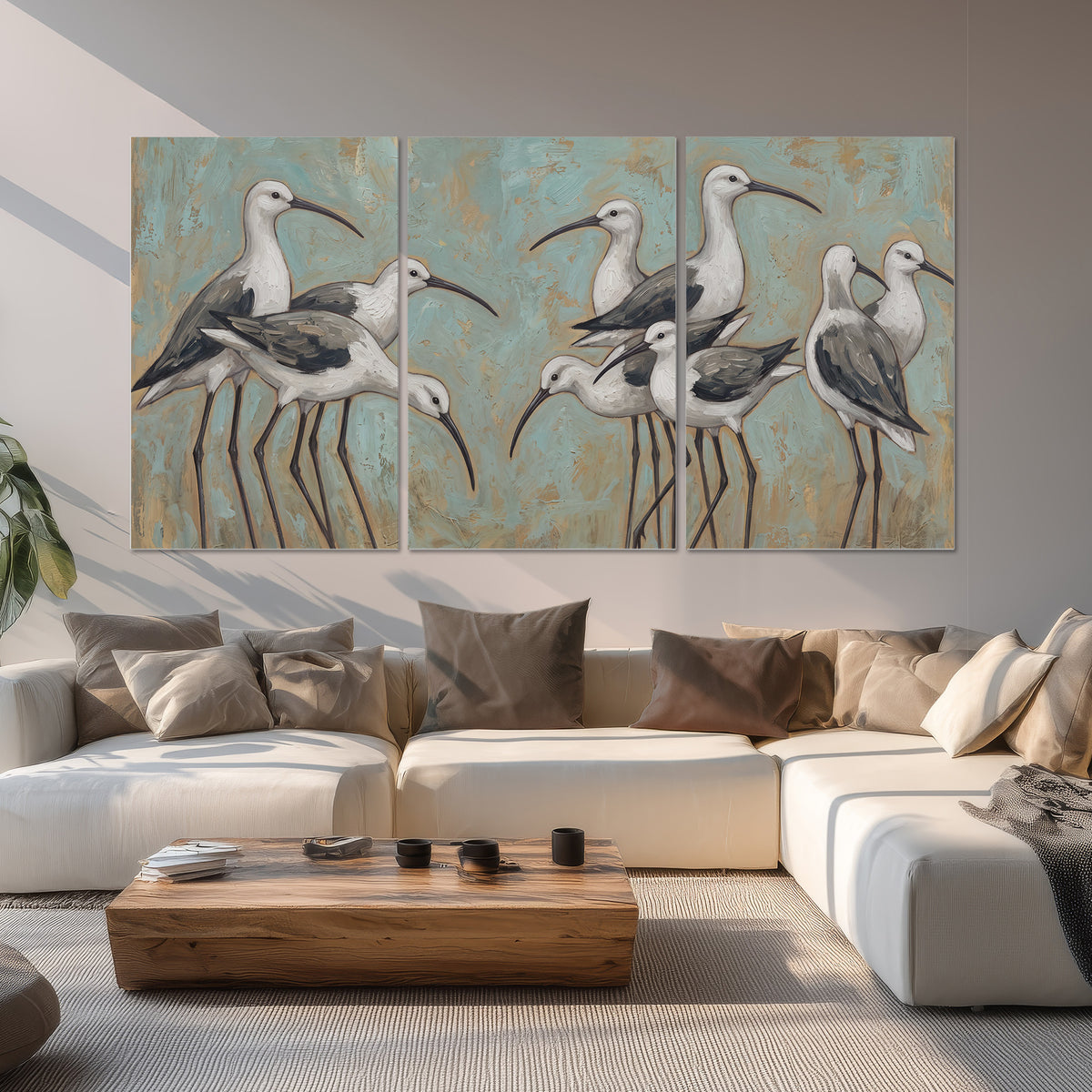 Long-legged white and gray wading birds against a muted aqua background set of 3 poster prints displayed in a living room