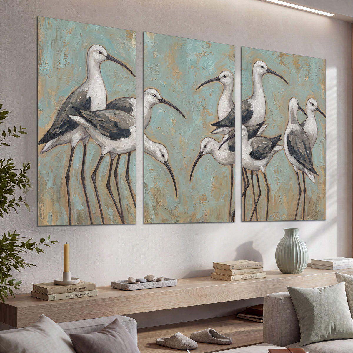 Long-legged white and gray wading birds against a muted aqua background set of 3 poster prints displayed in a console