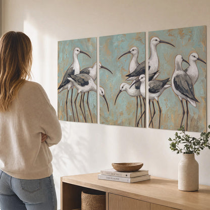 Long-legged white and gray wading birds against a muted aqua background set of 3 poster prints three panel arrangement on a wall