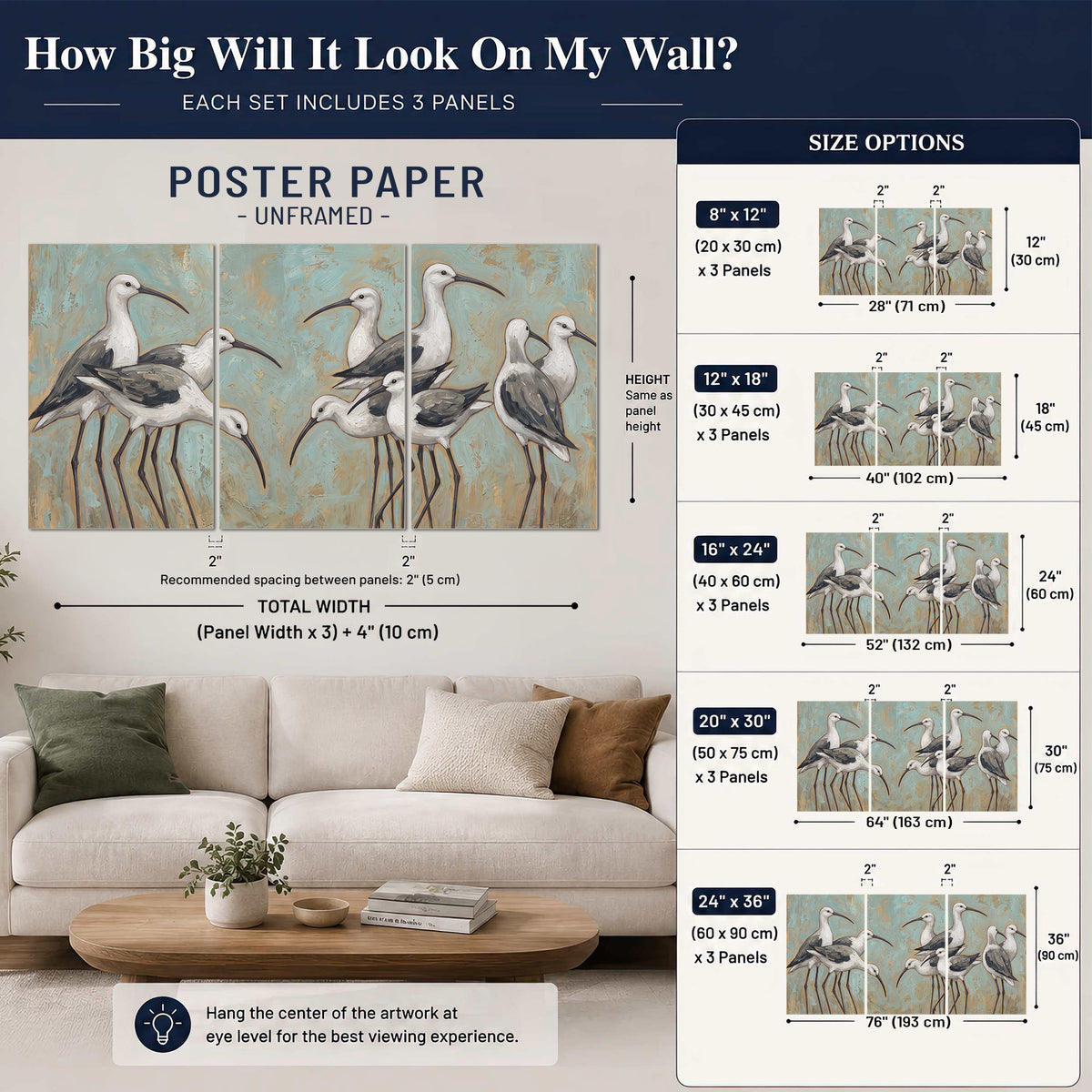 Long-legged white and gray wading birds against a muted aqua background set of 3 poster prints size guide above a sofa; room view is illustrative