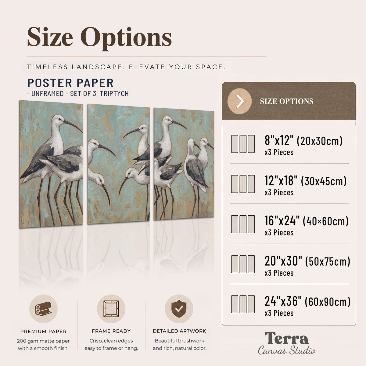 Long-legged white and gray wading birds against a muted aqua background set of 3 poster prints available dimensions; triptych dimensions are per panel